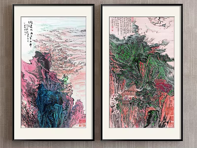 Traditional Chinese Landscape Paintings With Mountain Peaks Green Trees Floating Clouds And Calligraphy In Frames 3d model