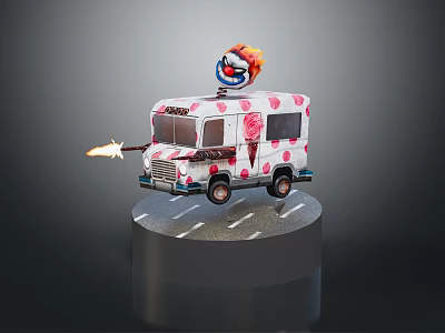 Playful Ice Cream Truck With Pink White Polka Dots Clown Head Flame And Front Fire 3d model