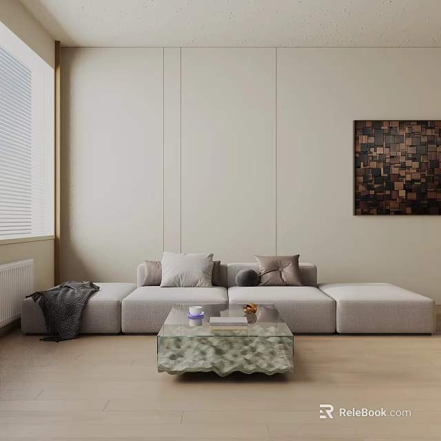 Beige Three Seater Sofa with Pillows Coffee Table and Blanket Against Light Wall with Decorative Painting 3d model 