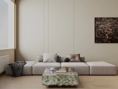 Beige Three Seater Sofa with Pillows Coffee Table and Blanket Against Light Wall with Decorative Painting 3d model