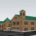 Traditional Red Brick Office Building With Green Roof Multiple Windows And Porches