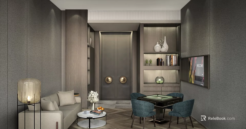 Hotel Mahjong Room Modern Elegant Interior With Comfortable Sofa Mahjong Table And Decorative Shelves 3d model 