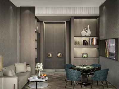 Hotel Mahjong Room Modern Elegant Interior With Comfortable Sofa Mahjong Table And Decorative Shelves 3d model