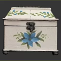 Decorative White Chest With Hand Painted Blue Flowers Green Leaves And Metal Lock