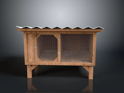 Wooden Chicken Coop With Metal Mesh Doors And Corrugated Roof On Dark Background 3d model