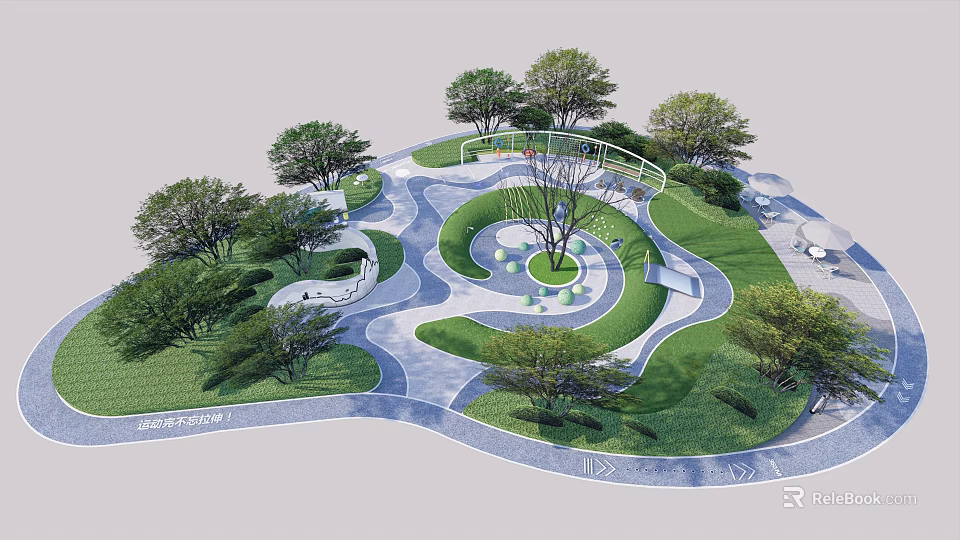 Park Landscape With Winding Paths Lush Trees Green Lawns And Circular Seating Areas 3d model 