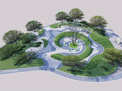 Park Landscape With Winding Paths Lush Trees Green Lawns And Circular Seating Areas 3d model