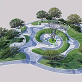 Park Landscape With Winding Paths Lush Trees Green Lawns And Circular Seating Areas