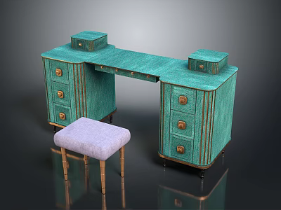 Turquoise Dressing Table with Drawer Cabinets Storage Boxes and Purple Cushion Stool 3d model