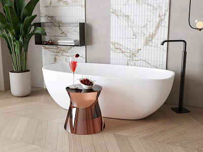 Modern White Bathtub In Bathroom With Side Table Plants And Marble Tiles 3d model