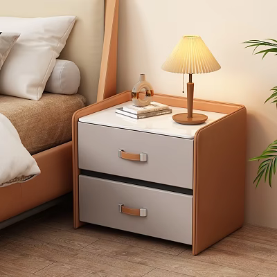 Brown and White Bedside Table with Two Drawers Lamp Books Glass Bottle Beside Bed with Pillow and Plant 3d model