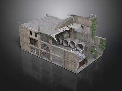 Broken Concrete Building Structure With Exposed Pipes Climbing Vines And Damaged Roof 3d model