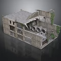 Broken Concrete Building Structure With Exposed Pipes Climbing Vines And Damaged Roof