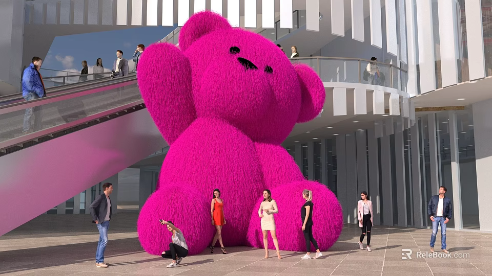 Giant Pink Teddy Bear Check In Spot With People Taking Photos In Modern Building 3d model 