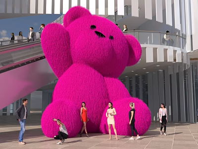 Giant Pink Teddy Bear Check In Spot With People Taking Photos In Modern Building 3d model