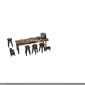 Rustic Wooden Dining Table with Four Stools and Metal Pots on Vintage Newspapers