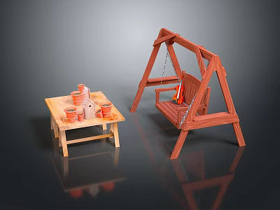 Wooden Swing Chair With Small Table And Flower Pots For Outdoor Relaxation 3d model