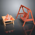 Wooden Swing Chair With Small Table And Flower Pots For Outdoor Relaxation