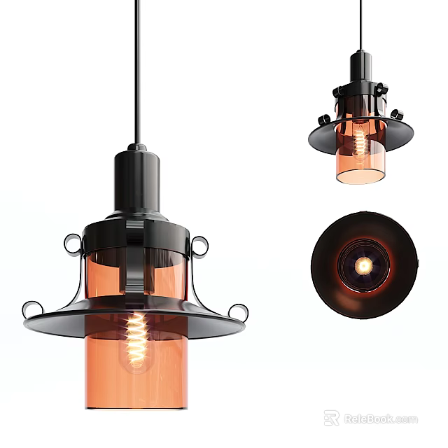 Industrial Style Pendant Light With Black Metal Frame Amber Glass Shade And Spiral Bulb 3d model 