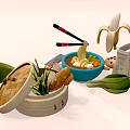 Assorted Asian Food Ingredients and Tools Including Noodles Banana Cookies Vegetables and Steamed Buns