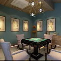 Clubhouse Mahjong Room With Turquoise Walls Wooden Ceiling Framed Paintings And Geometric Chandeliers