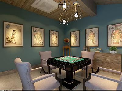 Clubhouse Mahjong Room With Turquoise Walls Wooden Ceiling Framed Paintings And Geometric Chandeliers 3d model