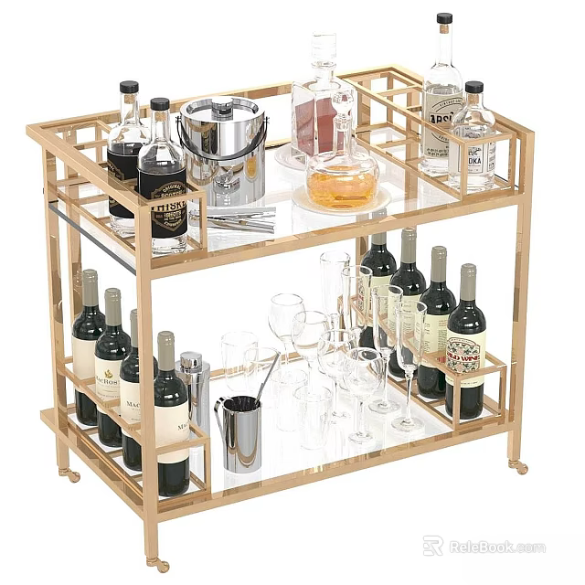 Stylish Kitchenware Bar Cart With Wooden Frame Glass Shelves Wine Bottles And Bar Tools 3d model 