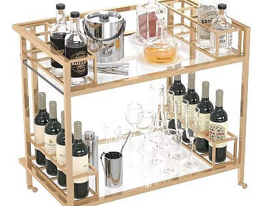 Stylish Kitchenware Bar Cart With Wooden Frame Glass Shelves Wine Bottles And Bar Tools 3d model