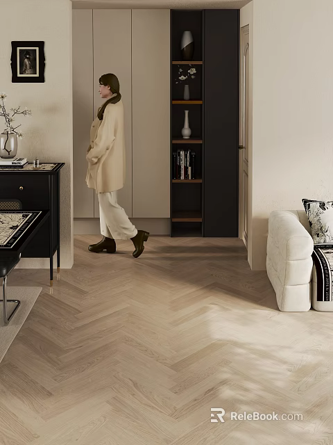 Entryway Interior Design With Herringbone Floor Black Cabinet Vase Bookshelf Sofa Pillow 3d model 