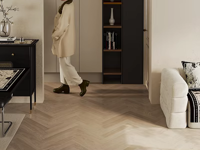 Entryway Interior Design With Herringbone Floor Black Cabinet Vase Bookshelf Sofa Pillow 3d model