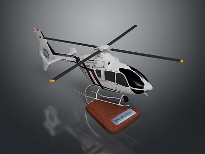 White Helicopter Model With Black Windows On Brown Wooden Display Stand 3d model