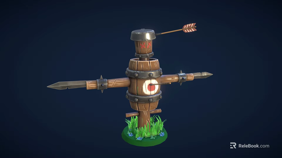 Cartoon Scarecrow Target Scene With Wooden Barrel Body Metal Rings Red Bullseye And Spear Arms 3d model 