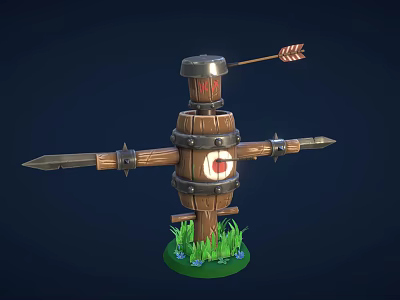 Cartoon Scarecrow Target Scene With Wooden Barrel Body Metal Rings Red Bullseye And Spear Arms 3d model