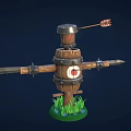 Cartoon Scarecrow Target Scene With Wooden Barrel Body Metal Rings Red Bullseye And Spear Arms