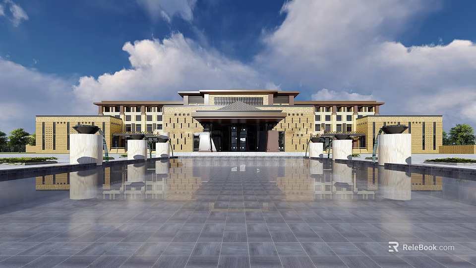 Grand Hotel Building Exterior With Symmetric Facade And Reflecting Pool 3d model 