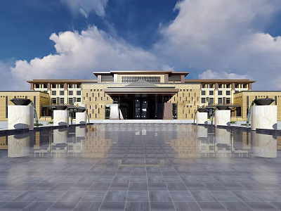 Grand Hotel Building Exterior With Symmetric Facade And Reflecting Pool 3d model