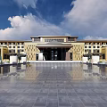 Grand Hotel Building Exterior With Symmetric Facade And Reflecting Pool