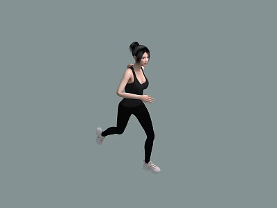 A Woman In Black Tank Top And Leggings Running With Bun Hairstyle On Gray Background 3d model