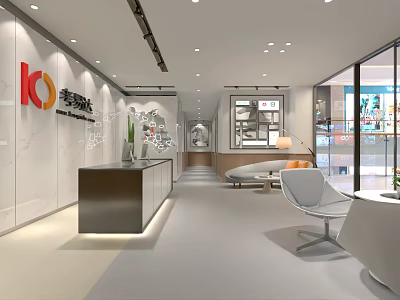 Modern Reception Desk Area Interior With White Gray Decor Display Shelves Lounge Seating And Lighting 3d model