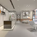 Modern Reception Desk Area Interior With White Gray Decor Display Shelves Lounge Seating And Lighting