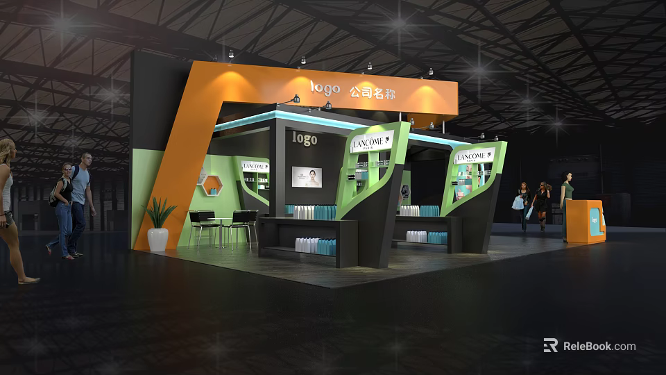Company Exhibition Booth Design With Green Orange Accents And Product Displays 3d model 