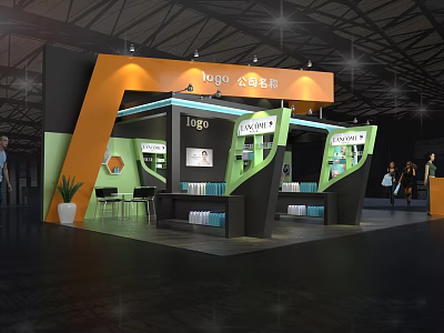 Company Exhibition Booth Design With Green Orange Accents And Product Displays 3d model