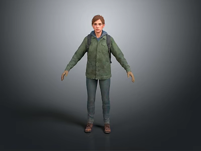 Man Standing in Gray Background Wearing Green Jacket Backpack Blue Jeans and Brown Shoes 3d model