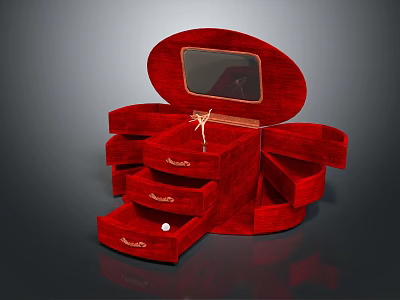 Red Velvet Jewelry Decorative Ornament Set With Oval Mirror And Multiple Drawers 3d model