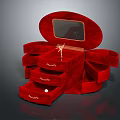 Red Velvet Jewelry Decorative Ornament Set With Oval Mirror And Multiple Drawers