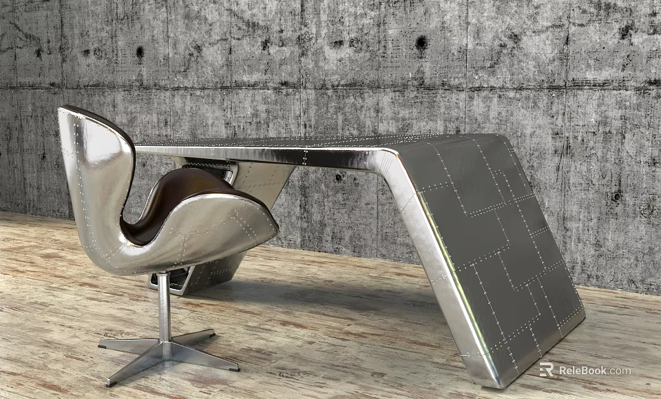 Modern Metal Office Desk With Unique Geometric Design And Concrete Textured Wall 3d model 