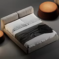 Modern Stylish Double Bed with Beige Frame White Pillows Black Blanket and Round Stool