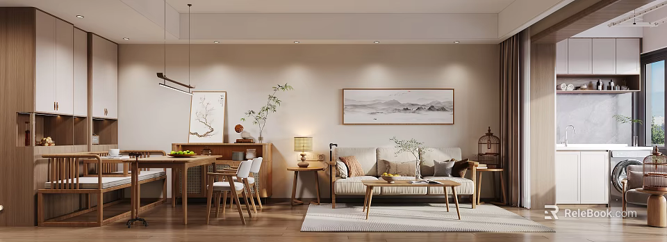 Warm Natural Wood Living And Dining Room Interior Design With Comfortable Sofas And Elegant Artworks 3d model 