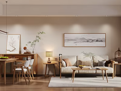 Warm Natural Wood Living And Dining Room Interior Design With Comfortable Sofas And Elegant Artworks 3d model
