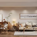 Warm Natural Wood Living And Dining Room Interior Design With Comfortable Sofas And Elegant Artworks